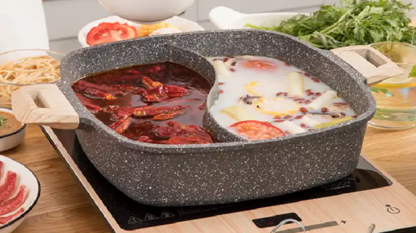 Olla Caliente Antiadherente con Divisor, Tapa y Mango de Madera